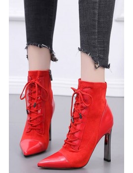 Red Lace Up Zipper Up Pointed Toe Stiletto Heel Booties