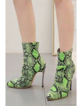 Green Neon Snakeskin Print Pointed Toe Stiletto Booties