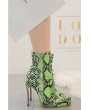 Green Neon Snakeskin Print Pointed Toe Stiletto Booties