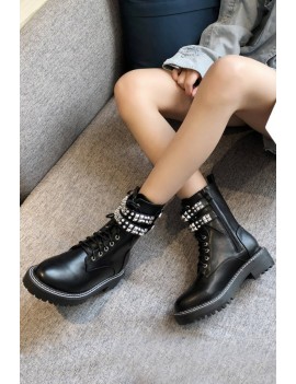 Black Studded Lace Up Zipper Up Round Toe Low Heel Booties