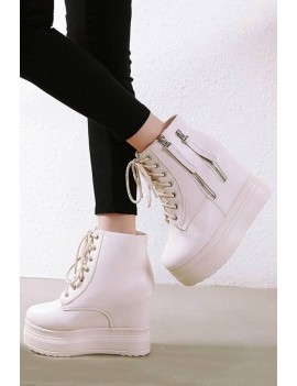 Apricot Lace Up Zipper Up Platform Wedge Booties