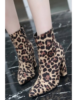 Leopard Zipper Up Pointed Toe Chunky Heel Booties
