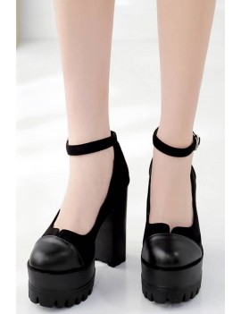 Black Ankle Strap Platform Round Toe Chunky High Heels