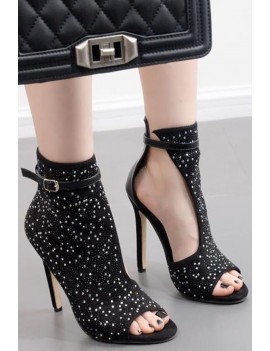 Black Rhinestone Decor Cutout Peep Toe Stiletto High Heels