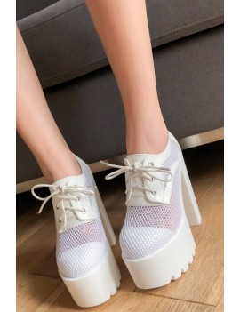 White Mesh Lace Up Round Toe Platform Chunky High Heels