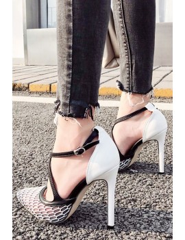Black-white Hollow-out Pointed Toe Ankle Strap Stiletto High Heels