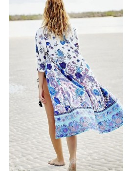 Blue Floral Print Open Front Half Sleeve Casual Boho Cover Up