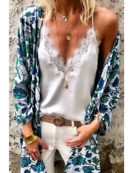 White Floral Print Bat Sleeve Open Front Casual Cover Up