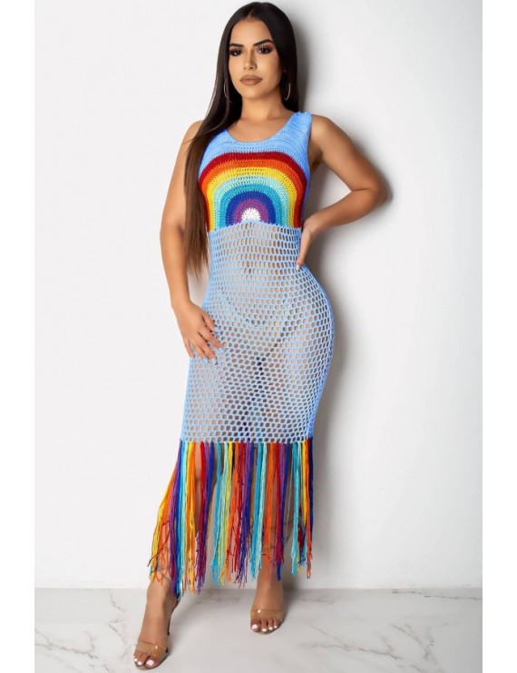 Light-blue Rainbow Hollow Out Fringe Casual Beach Dress Cover Up