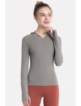 Gray Hooded Long Sleeve Yoga Sports T Shirt