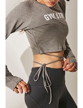 Gray Slogan Tied Thumb Hole Long Sleeve Workout Sports Crop Top