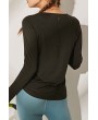 Black Thumb Hole Long Sleeve Hollow Out Back Workout Sports Tee