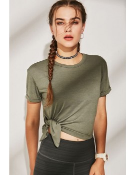 Army-green Slit Fast Dry Workout Sports Crop Tee