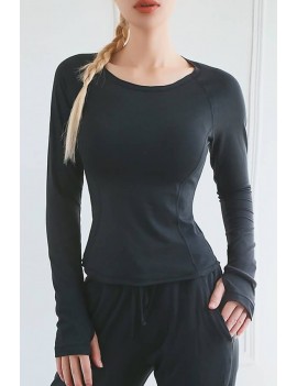 Black Round Neck Long Sleeve Yoga Sports T Shirt