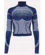 Blue High Neck Long Sleeve Stripe Printed Sports Tee Top