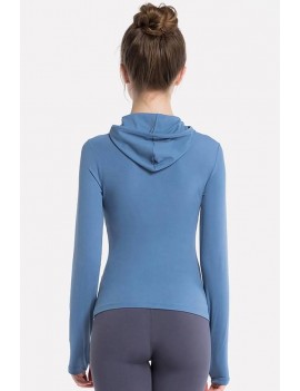 Blue Hooded Long Sleeve Yoga Sports T Shirt