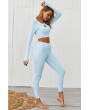 Light-blue Hollow Out Round Neck Long Sleeve Sports Crop Top Leggings Set