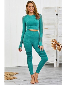 Teal Hollow Out Crew Neck Long Sleeve Sports Crop Top Leggings Set