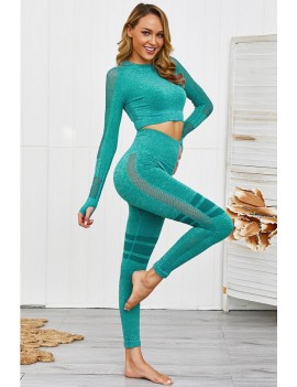Teal Hollow Out Crew Neck Long Sleeve Sports Crop Top Leggings Set
