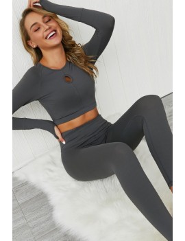 Dark-gray Hollow Out Round Neck Long Sleeve Sports Crop Top Leggings Set