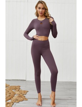 Purple Hollow Out Round Neck Long Sleeve Sports Crop Top Leggings Set