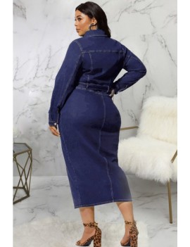 Blue Button Up Lapel Long Sleeve Casual Plus Size Denim Dress