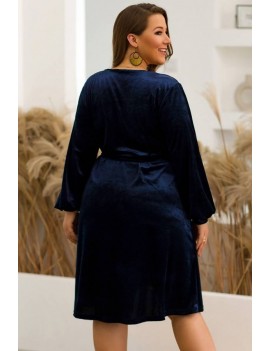 Dark-blue Velvet Tied Long Sleeve Casual Plus Size Dress