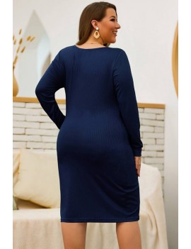 Dark-blue Long Sleeve Casual Bodycon Plus Size Sweater Dress