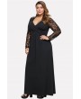 Black Lace Splicing V Neck Long Sleeve Casual Plus Size Dress