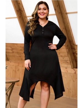 Black V Neck Asymmetric Hem Casual Plus Size Dress