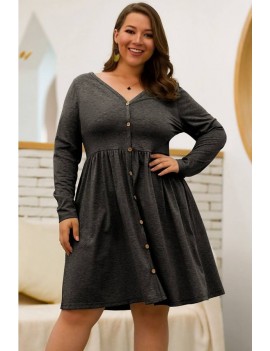Dark-gray Button Up Long Sleeve Casual Plus Size Dress