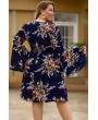 Dark-blue Floral Print Flare Sleeve Casual Plus Size Dress