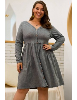 Gray Button Up Long Sleeve Casual Plus Size Dress