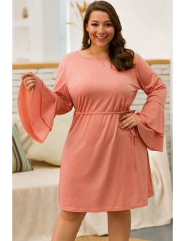 Coral Tied Round Neck Layered Sleeve Casual Plus Size Dress