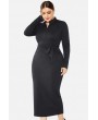Black Stand Collar Tied Waist Casual Midi Plus Size Sweater Dress
