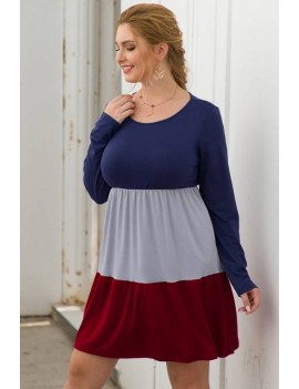 Dark-red Color Block Round Neck Casual Plus Size Dress
