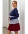 Dark-red Color Block Round Neck Casual Plus Size Dress