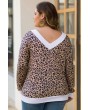 Leopard V Neck Long Sleeve Casual Plus Size T Shirt