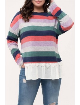 Watermelon Stripe Splicing Long Sleeve Casual Plus Size T Shirt