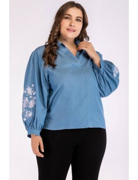 Light-blue Floral Embroidery Lapel Long Sleeve Casual Plus Size Blouse
