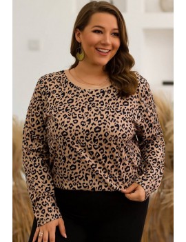Leopard Round Neck Long Sleeve Casual Plus Size T Shirt