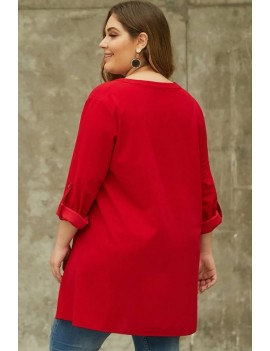 Red Button Decor V Neck Roll Up Sleeve Casual Plus Size Blouse