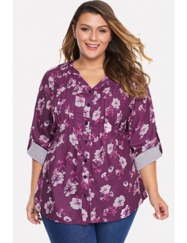 Hot-pink Floral Print Button Up Casual Plus Size Blouse