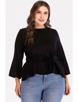 Black Tied Round Neck Long Sleeve Casual Plus Size Blouse