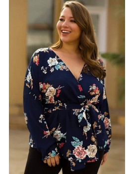 Dark-blue Floral Print Tied Long Sleeve Casual Plus Size Blouse