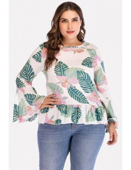 White Leaf Print Round Neck Flare Sleeve Casual Plus Size Blouse