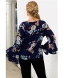 Dark-blue Floral Print Layered Sleeve Casual Plus Size Blouse
