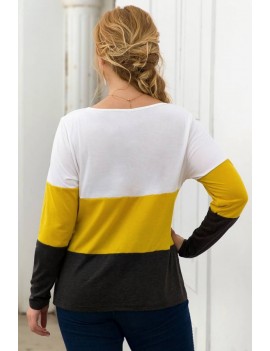 Yellow Color Block Knotted V Neck Casual Plus Size T Shirt