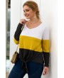 Yellow Color Block Knotted V Neck Casual Plus Size T Shirt