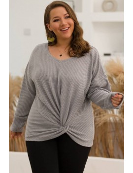 Gray Twisted Long Sleeve Casual Plus Size T Shirt